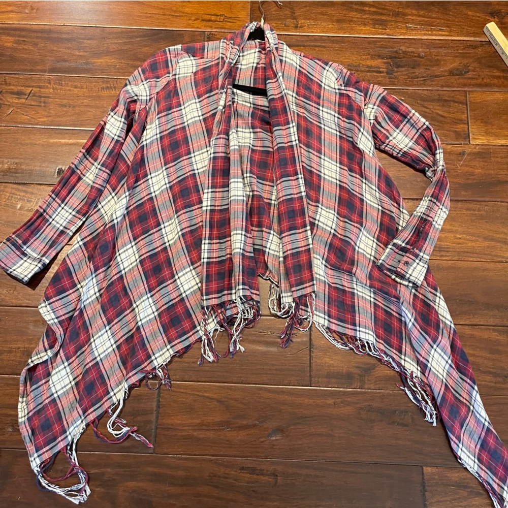 Plaid Open Front Fringe Cardigan- Sz M